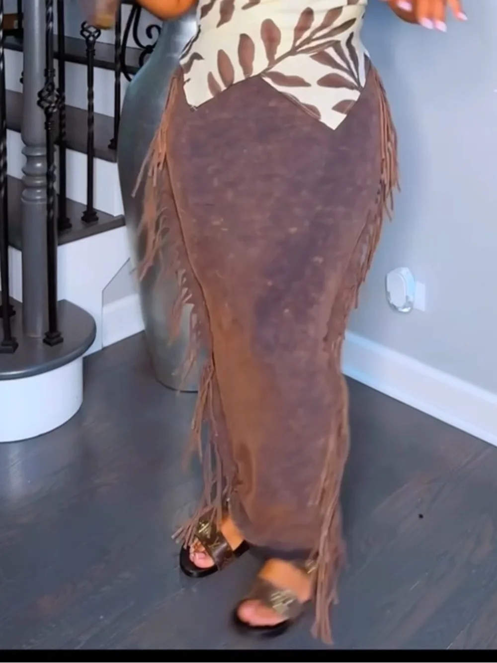 Boho Fringe Maxi Skirt in Brown